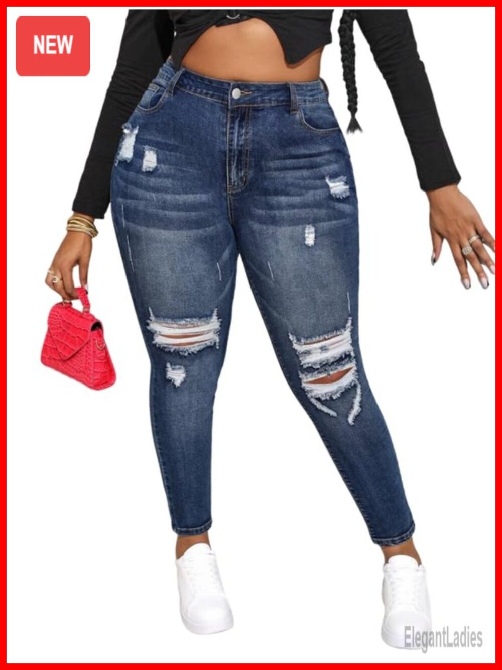 Plus Size High Waisted Skinny Jeans Stretchy Ankle Ripped Distressed Denim - Picture 3 of 4